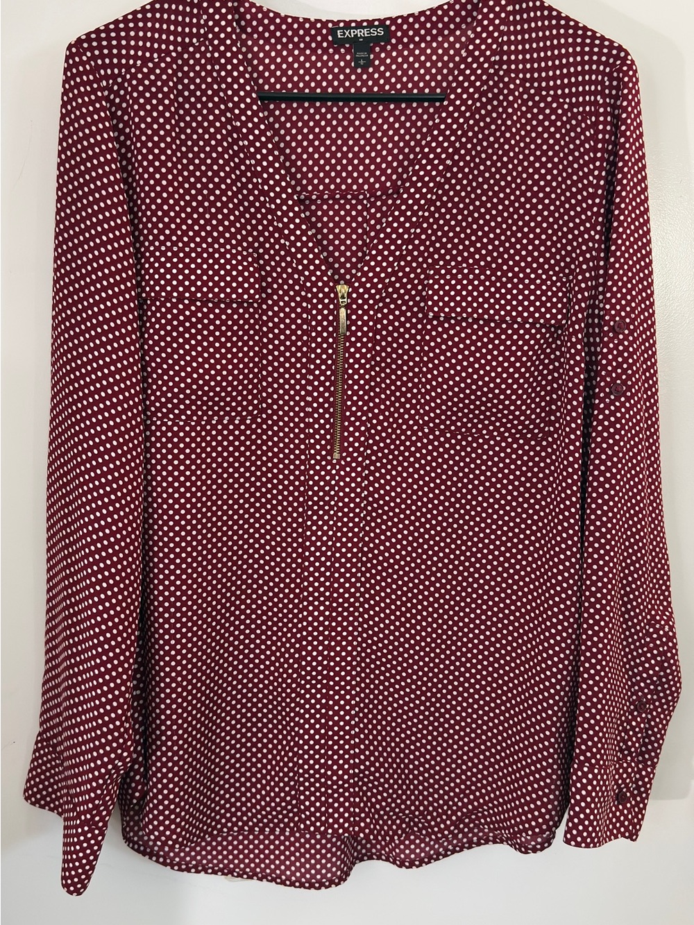 Express Burgundy Polka Dot Zip-Front Blouse Large - Picture 1 of 8